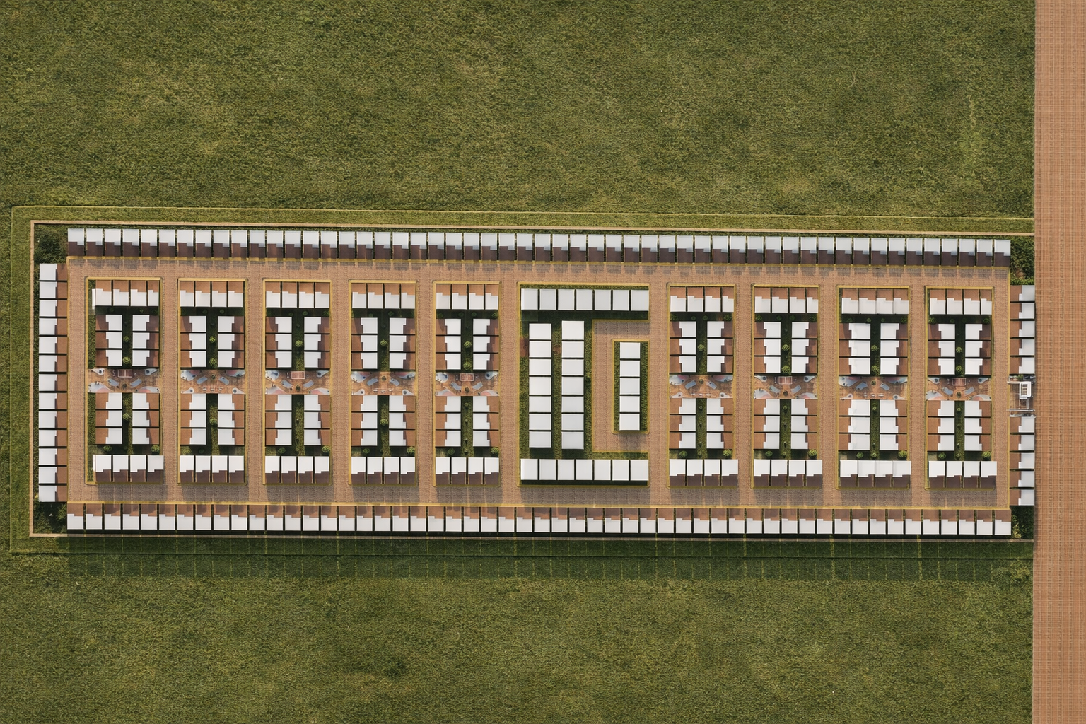 Render cenital del master plan con prototipos de vivienda ilustrativos