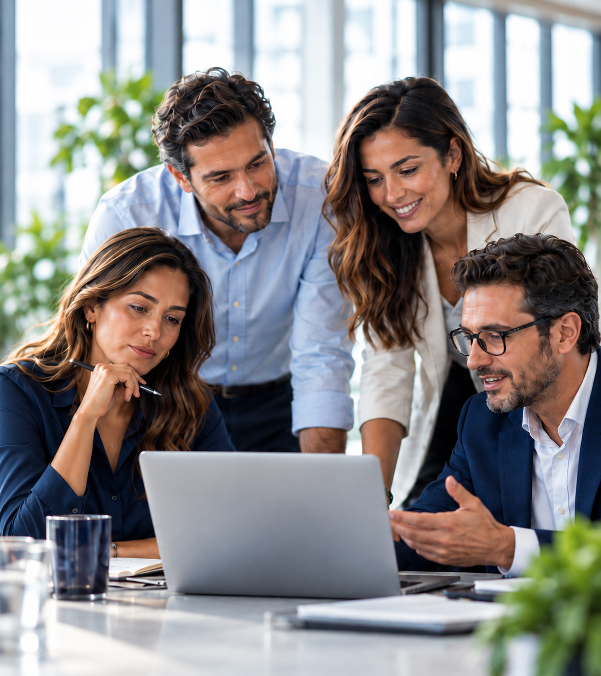 Equipo de trabajo colaborando alrededor de una computadora